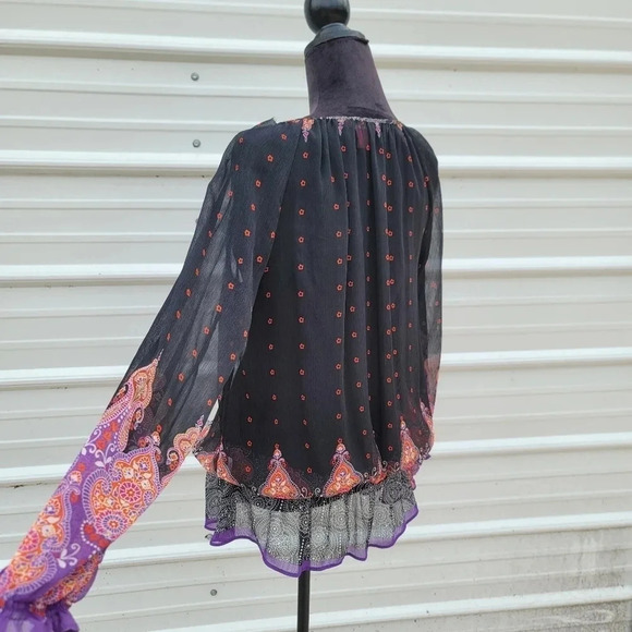 Sunny Leigh Women's Sheer Black Paisley Purple Orange Print Blouse Top Long Sz S - Picture 7 of 9